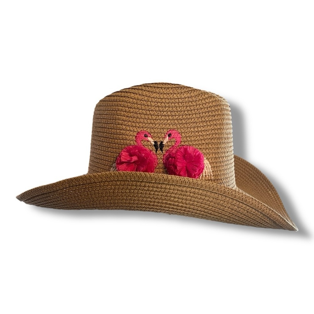 Straw Hat with Pink Flamingos with Pom Poms, Super Cute, NEW - Picture 3 of 5